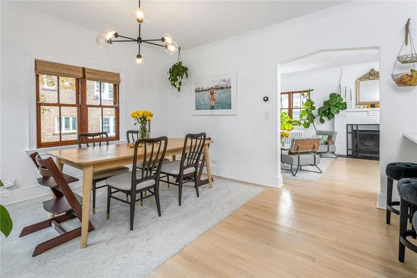 Dining room, Fireplace, Interior, Pendant Lights, Wood Texture Flooring