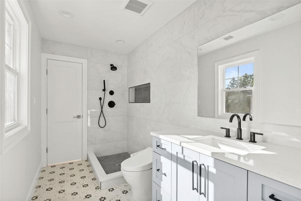 Bathroom, Glass Shower, Interior, Marble Walls, Recessed Lighting
