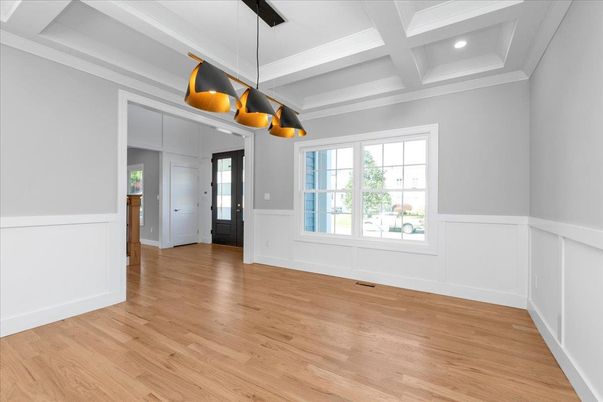 Empty room, Interior, Pendant Lights, Recessed Lighting, Wood Texture Flooring