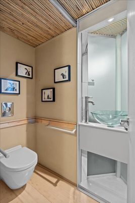 Bathroom, Interior, Recessed Lighting, Wooden Ceilings, Wood Texture Flooring
