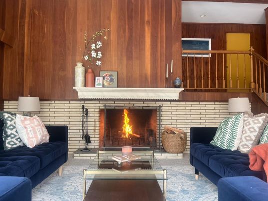Fireplace, Interior, Living room, Recessed Lighting, Wooden Walls