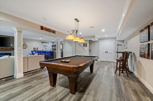 Billiard Table, Game Room, Interior, Pendant Lights, Recessed Lighting, Wood Texture Flooring