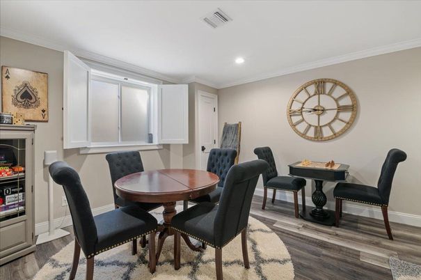 Dining room, Interior, Recessed Lighting, Wood Texture Flooring