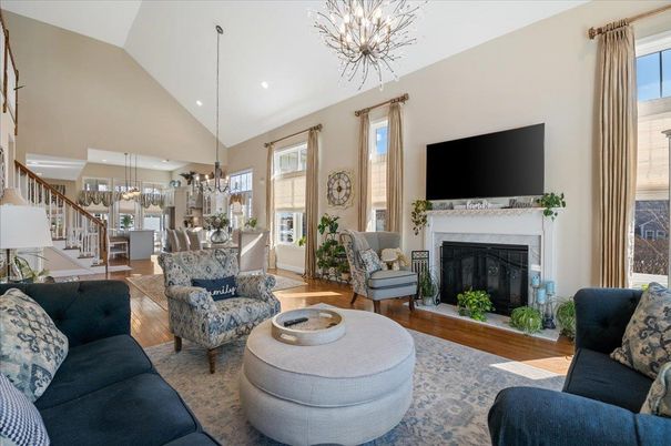Dining room, Fireplace, Interior, Living room, Pendant Lights, Recessed Lighting, Wood Texture Flooring
