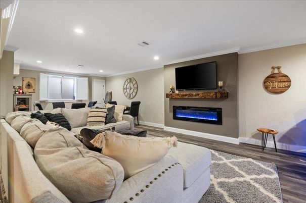 Fireplace, Interior, Living room, Recessed Lighting, Wood Texture Flooring