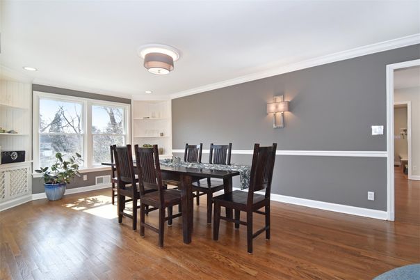 Dining room, Interior, Recessed Lighting, Wood Texture Flooring