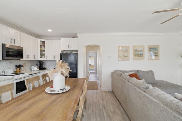 Dining room, Interior, Kitchen, Living room, Recessed Lighting, Wood Texture Flooring