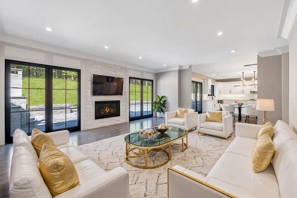 Dining room, Fireplace, Interior, Kitchen, Living room, Pendant Lights, Recessed Lighting, Stone Walls, Wood Texture Flooring