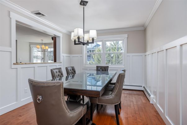 Chandelier, Dining room, Interior, Pendant Lights, Wood Texture Flooring