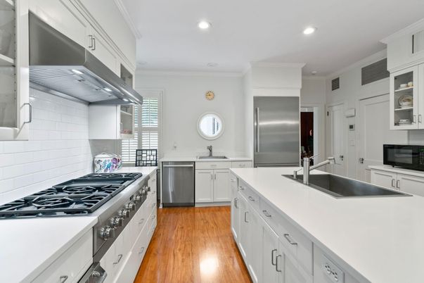 Interior, Kitchen, Recessed Lighting, Stainless Steel Appliances, Wood Texture Flooring