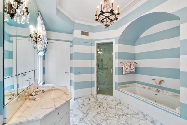 Bathroom, Chandelier, Glass Shower, Interior, Marble, Marble Walls