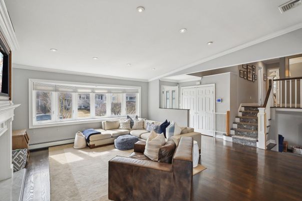 Fireplace, Interior, Living room, Recessed Lighting, Wood Texture Flooring