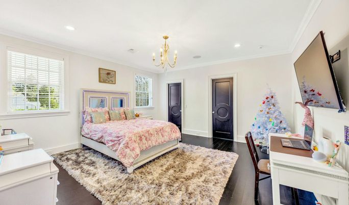Bedroom, Chandelier, Interior, Recessed Lighting, Wood Texture Flooring
