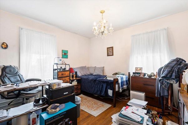 Bedroom, Chandelier, Home Office, Interior, Wood Texture Flooring