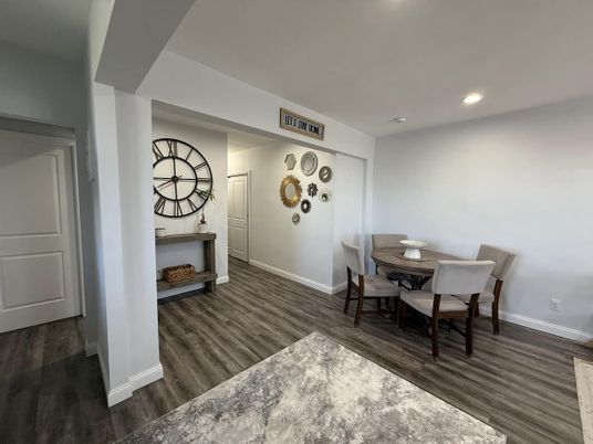 Dining room, Interior, Recessed Lighting, Wood Texture Flooring