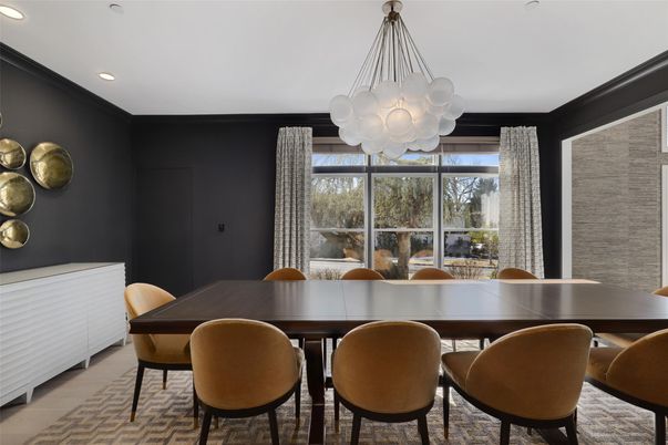 Chandelier, Dining room, Interior, Recessed Lighting, Wood Texture Flooring