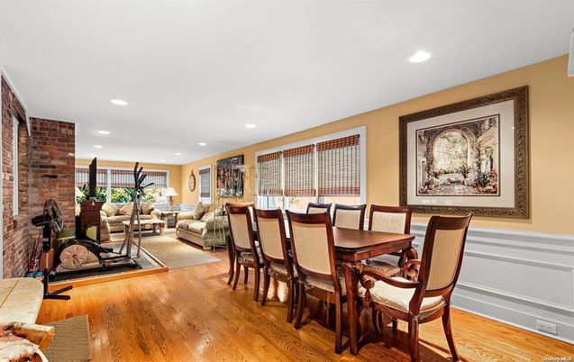 Dining room, Interior, Living room, Recessed Lighting, Stone Walls, Wood Texture Flooring