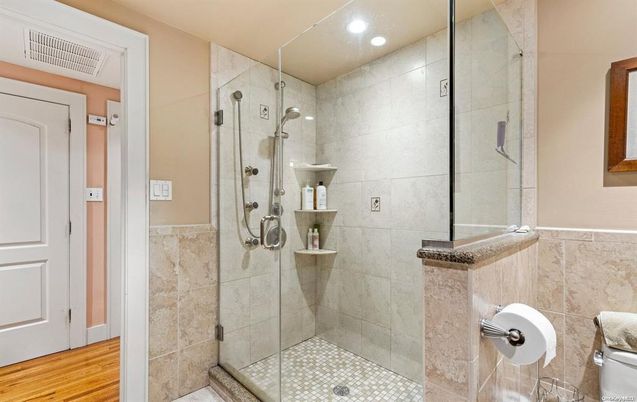 Bathroom, Glass Shower, Interior, Recessed Lighting, Wood Texture Flooring