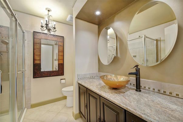 Bathroom, Chandelier, Dual Sink Vanities, Glass Shower, Interior, Recessed Lighting