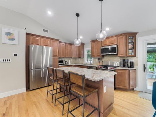 Interior, Kitchen, Pendant Lights, Recessed Lighting, Stainless Steel Appliances, Wood Texture Flooring