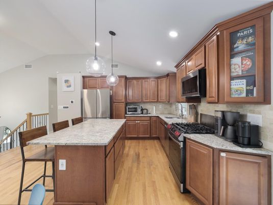 Interior, Kitchen, Pendant Lights, Recessed Lighting, Stainless Steel Appliances, Wood Texture Flooring