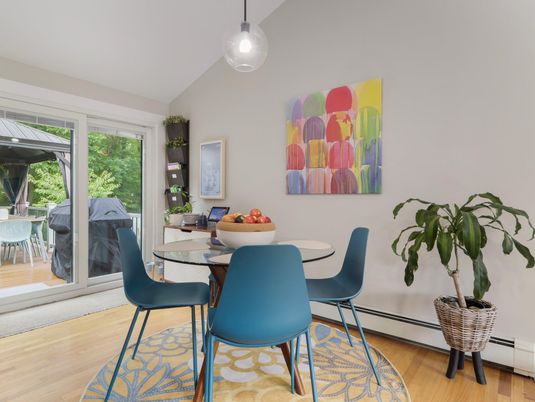 Dining room, Interior, Pendant Lights, Wood Texture Flooring