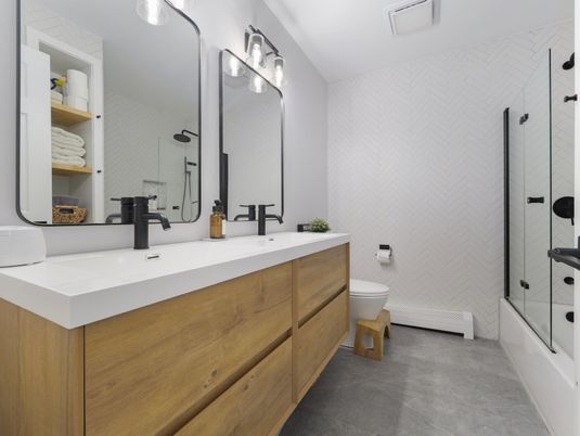 Bathroom, Dual Sink Vanities, Glass Shower, Interior