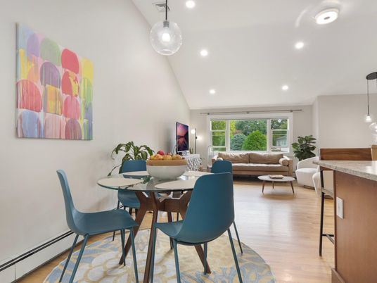 Dining room, Interior, Living room, Pendant Lights, Recessed Lighting, Wood Texture Flooring