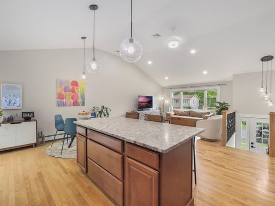 Dining room, Interior, Living room, Pendant Lights, Recessed Lighting, Wood Texture Flooring
