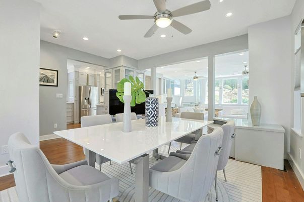 Dining room, Interior, Kitchen, Recessed Lighting, Stainless Steel Appliances, Wood Texture Flooring