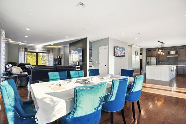 Dining room, Interior, Kitchen, Living room, Pendant Lights, Recessed Lighting, Wood Texture Flooring