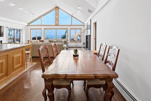 Dining room, Interior, Living room, Recessed Lighting, Wood Texture Flooring