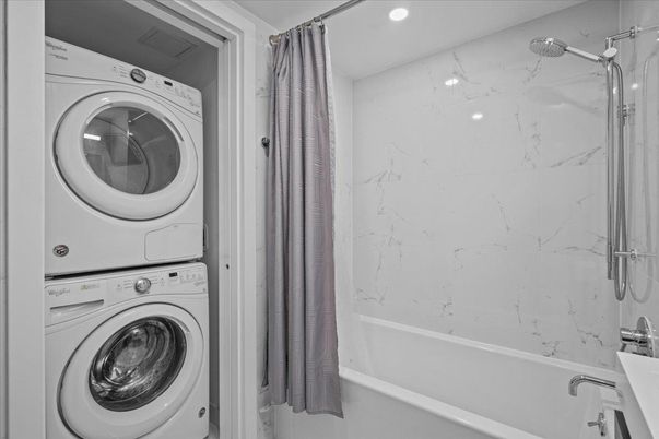 Bathroom, Interior, Marble Walls, Recessed Lighting, Utility Closets, Washer