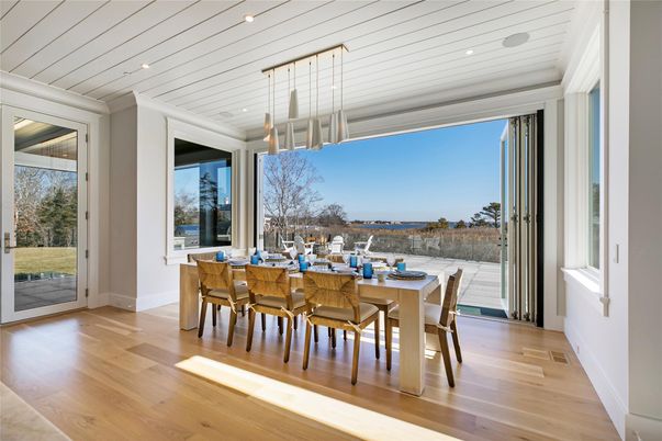 Dining room, Interior, Pendant Lights, Recessed Lighting, Water, Wood Texture Flooring