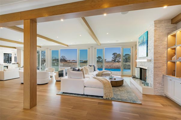 Fireplace, Interior, Living room, Recessed Lighting, Stone Walls, Wooden Beams, Wood Texture Flooring