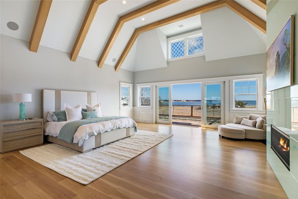 Bedroom, Fireplace, Interior, Recessed Lighting, Wooden Beams, Wood Texture Flooring