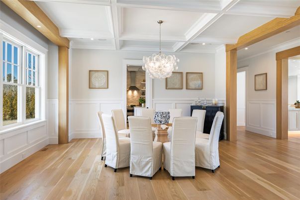 Chandelier, Dining room, Interior, Pendant Lights, Recessed Lighting, Wood Texture Flooring