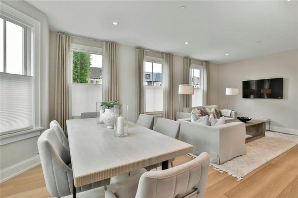 Dining room, Interior, Living room, Recessed Lighting, Wood Texture Flooring