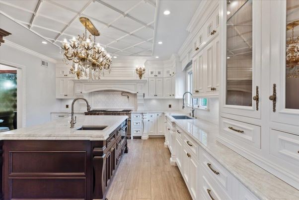 Chandelier, Interior, Kitchen, Recessed Lighting, Stainless Steel Appliances, Wood Texture Flooring