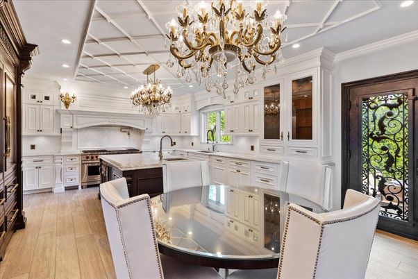 Chandelier, Interior, Kitchen, Recessed Lighting, Stainless Steel Appliances, Wood Texture Flooring
