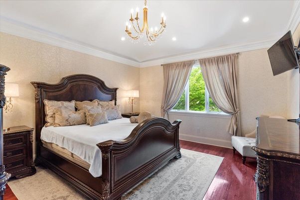 Bedroom, Chandelier, Interior, Recessed Lighting, Wood Texture Flooring