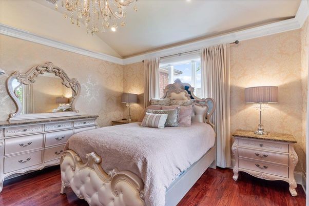Bedroom, Chandelier, Interior, Recessed Lighting, Wood Texture Flooring