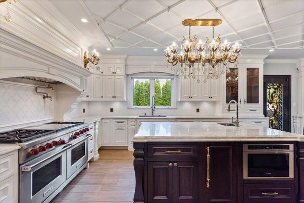 Chandelier, Interior, Kitchen, Recessed Lighting, Stainless Steel Appliances, Wood Texture Flooring