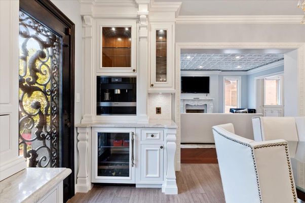 Fireplace, Interior, Kitchen, Living room, Recessed Lighting, Wood Texture Flooring