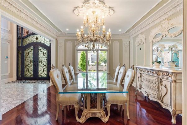 Chandelier, Dining room, Interior, Wood Texture Flooring