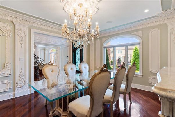 Chandelier, Dining room, Interior, Recessed Lighting, Wood Texture Flooring