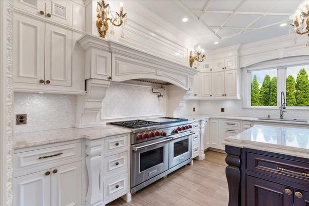 Chandelier, Interior, Kitchen, Recessed Lighting, Stainless Steel Appliances, Wood Texture Flooring