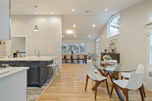 Dining room, Interior, Pendant Lights, Recessed Lighting, Wood Texture Flooring