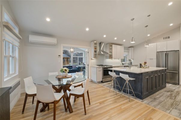 Dining room, Interior, Kitchen, Pendant Lights, Recessed Lighting, Stainless Steel Appliances, Wood Texture Flooring
