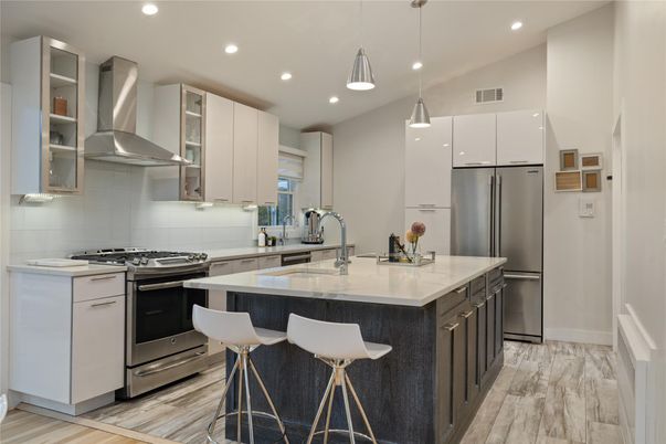 Interior, Kitchen, Pendant Lights, Recessed Lighting, Stainless Steel Appliances, Wood Texture Flooring